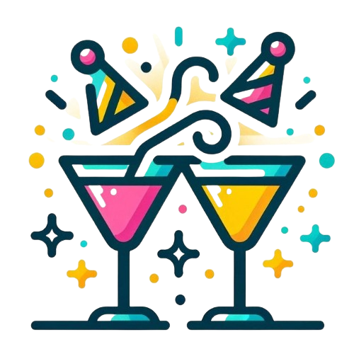 Two vibrant cocktail glasses filled with colorful beverages, topped with fun party decorations, and surrounded by festive sparkles.