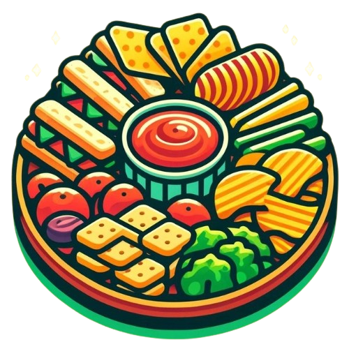 A circular tray filled with a variety of snacks such as chips, vegetables, cheese, and a central dipping sauce, presented in a colorful, fun style.