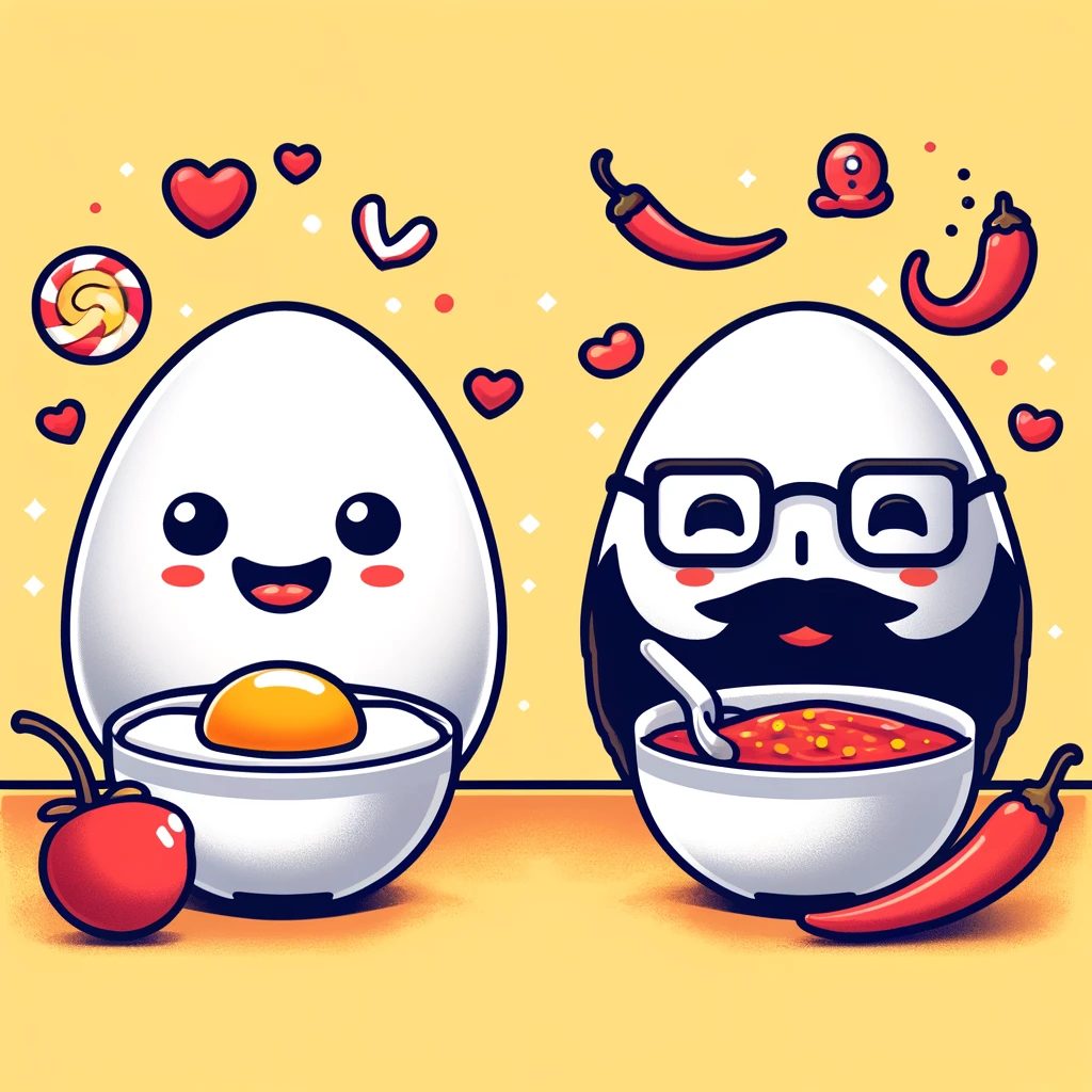 A picture of 2 eggs enjoying Sweet chili and complex chili