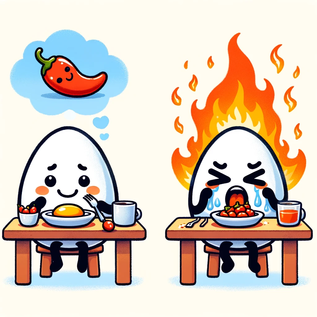 A picture of an egg character that is eating a nicely spiced meal and on eating on that is way too spicy! How To Balance Spice (Heat) - YouTheChef