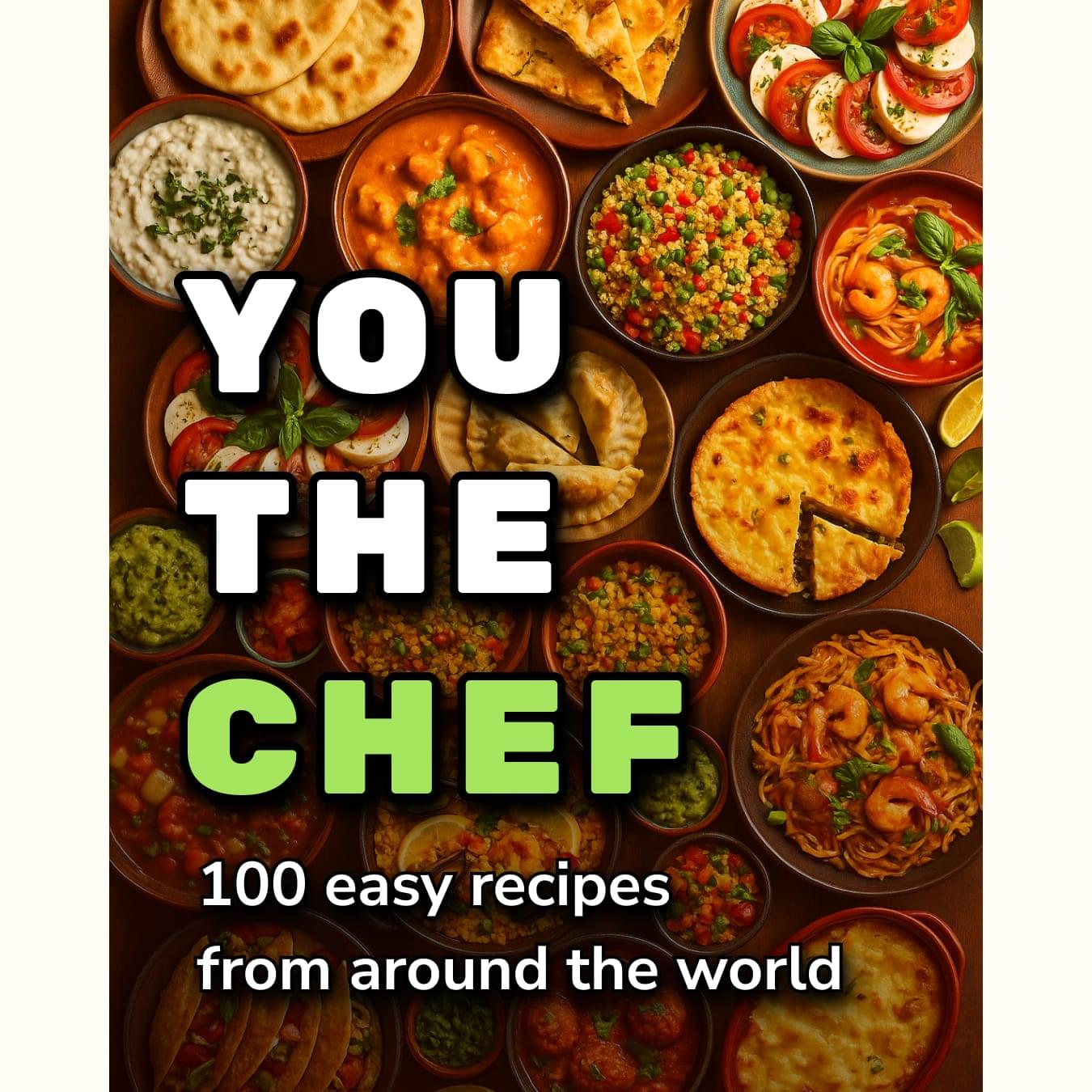 Digital cookbook cover showing international dishes – 100 easy recipes PDF for beginners